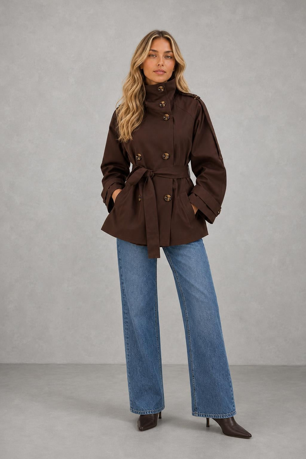 Layla | High-Collar Belted Trench Jacket — lifestyle — Sofia [b908fb37-0301-4625-b94f-a2c07a10ab25]
