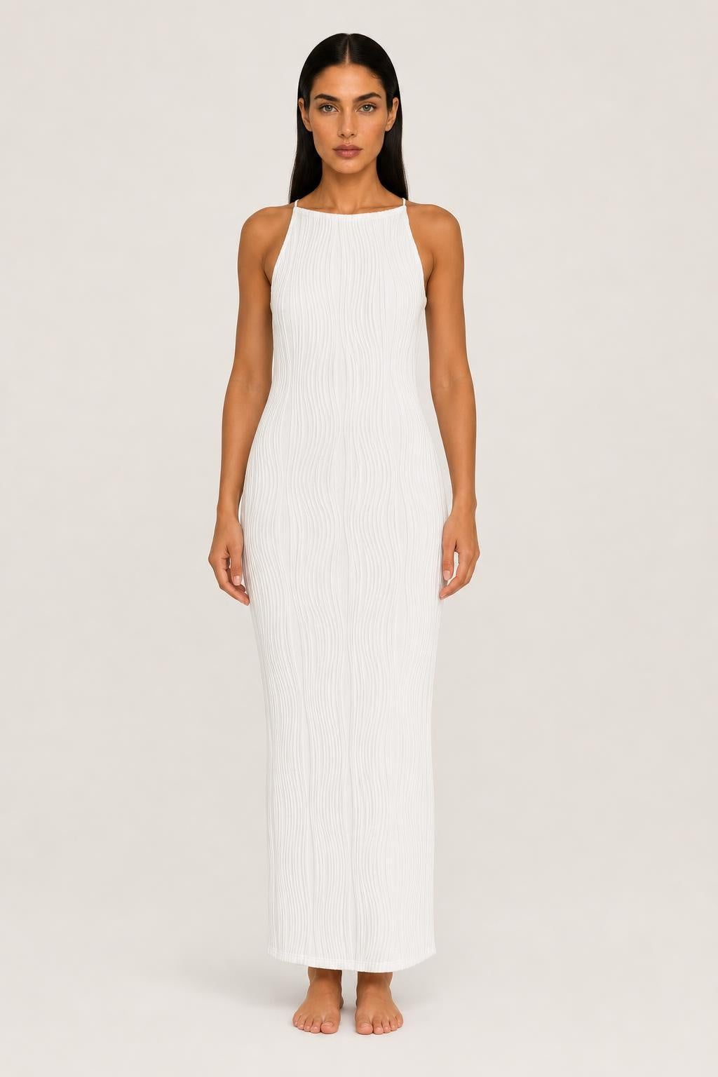 Adriana | Sleeveless Textured High-Neck Midi Dress