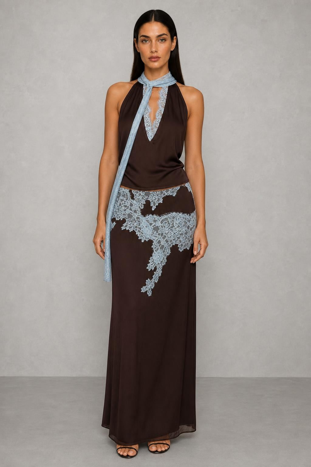 Chocolate Blue Lace Top and Skirt Set — studio_front — Helena [79832030-589c-4c4a-93ac-ef80b16c8298]