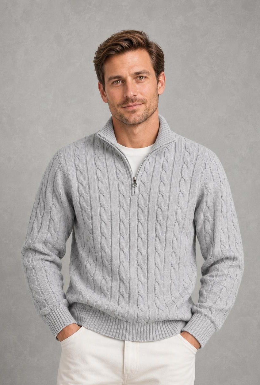 David | Cable-Knit Quarter-Zip Jumper — studio_front — Charles [7146b71a-dcc3-42c0-bef5-b507fd2417b9]
