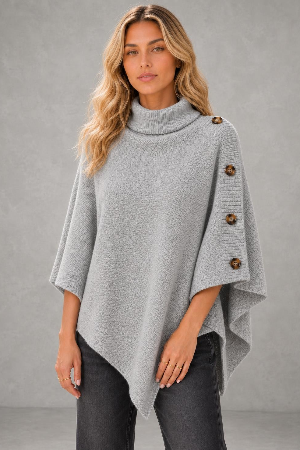 Darcie | Button-Shoulder Asymmetric Knit Poncho — studio_three_quarter — Sofia [e0fc530d-8636-454b-a665-baab07e21c9e]