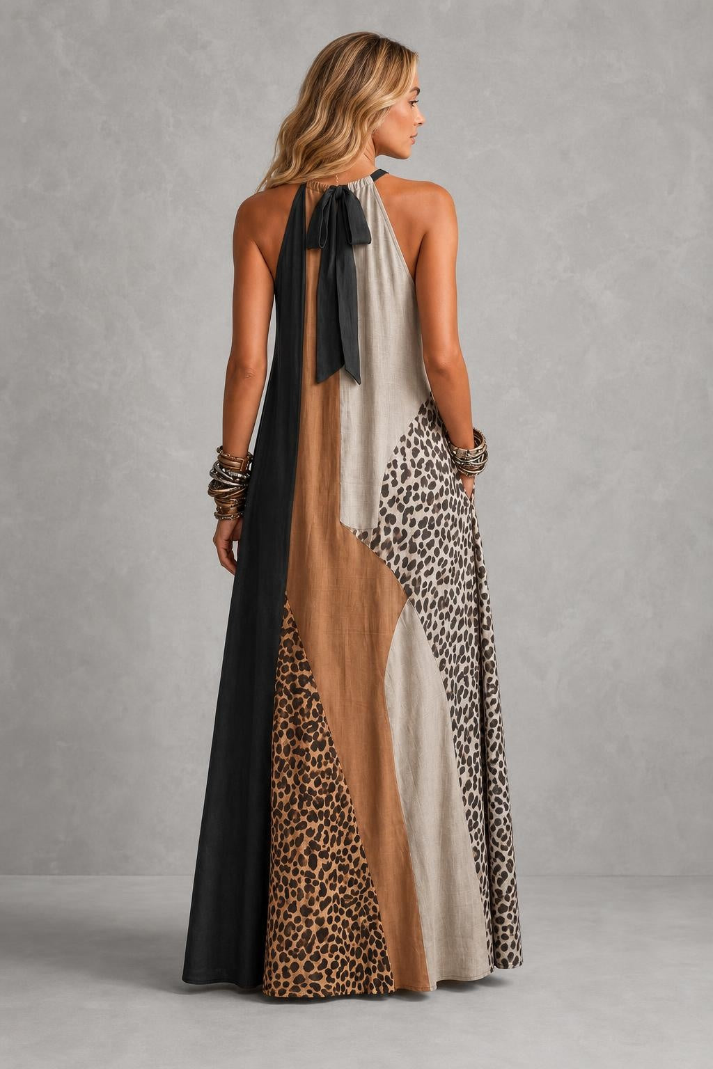 Additional view of Myrna | Leopard Colour-Block Halter Maxi Dress