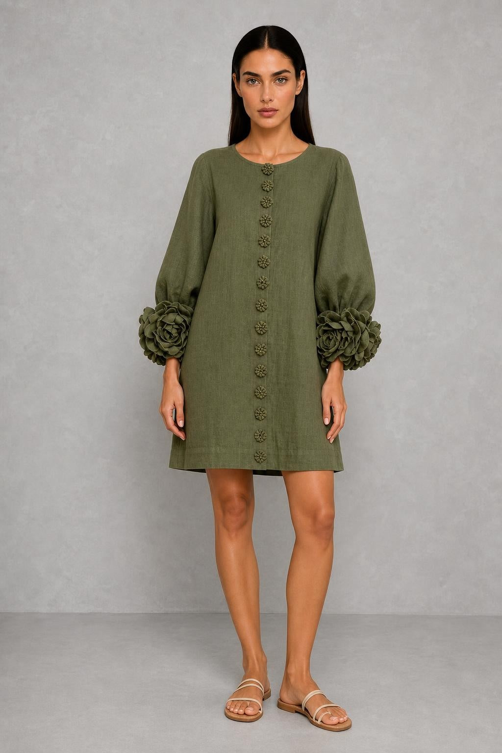 Additional view of Henrietta | Rosette-Cuff Button-Front Mini Dress