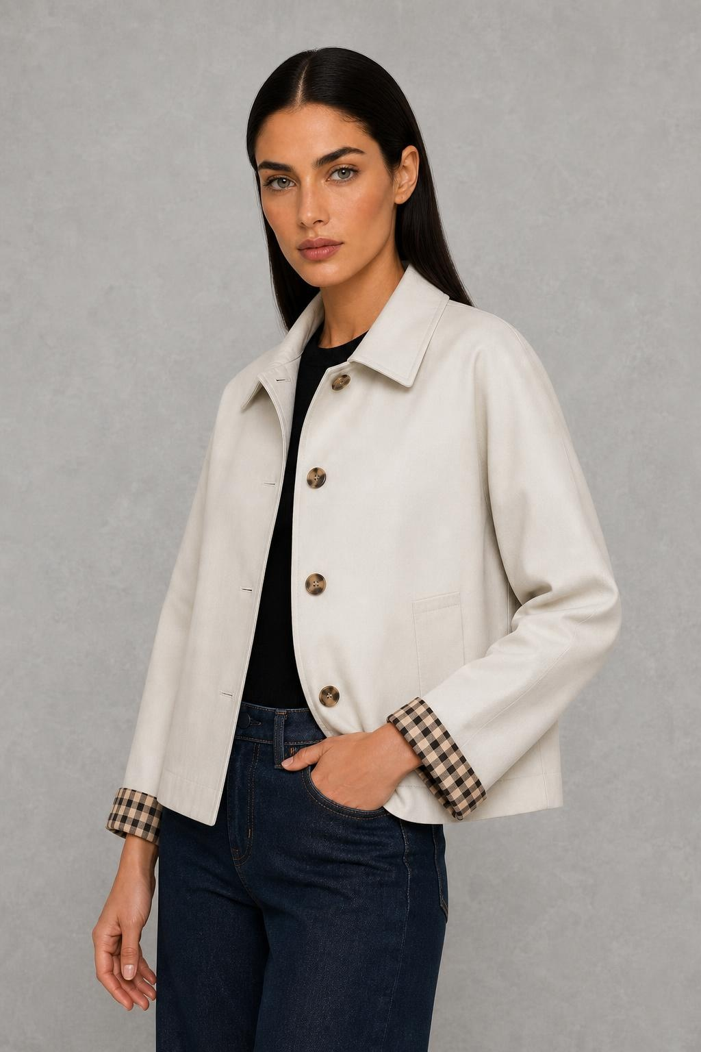 Zoe | Check-Cuff Cropped Trench Jacket — studio_three_quarter — Helena [54deeeb7-1387-4bf6-b75f-1ca74fa02c9c]