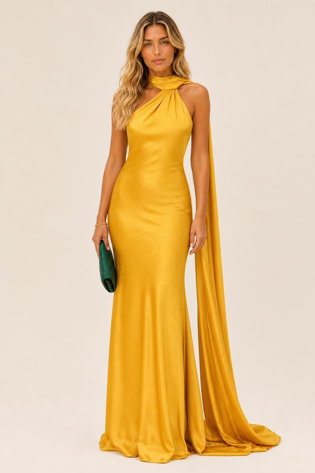 Additional view of Isabelle | One-Shoulder Satin Maxi Dress with Cape Detail