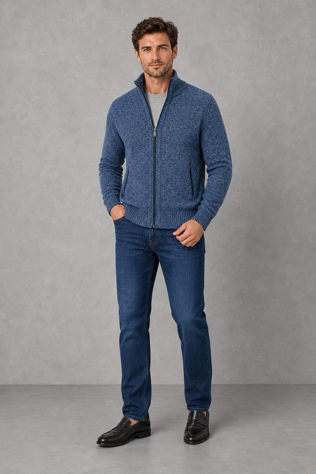 George | Textured Full-Zip Cardigan — lifestyle — James [128944a1-1b91-4a67-ab2f-77b7d02ea045]