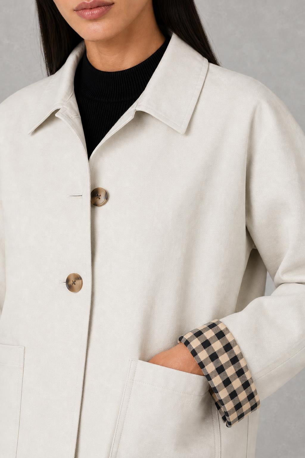 Zoe | Check-Cuff Cropped Trench Jacket — studio_closeup — Helena [4aee7c33-ce5a-4ea2-9e5a-1389b6469868]