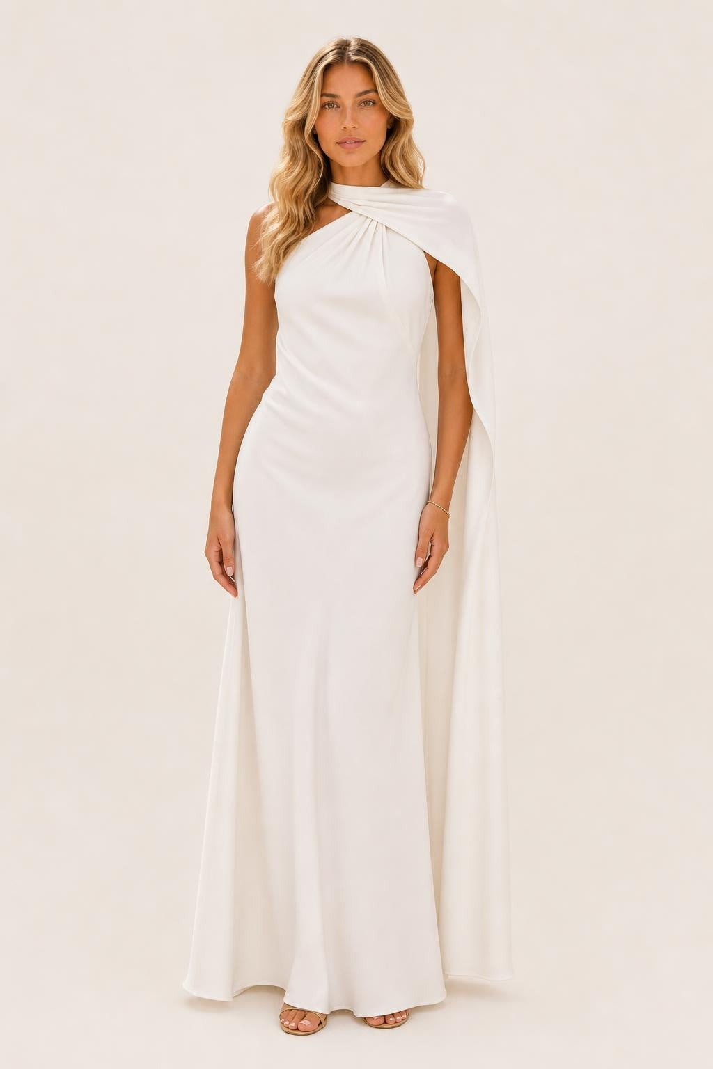 Additional view of Isabelle | One-Shoulder Satin Maxi Dress with Cape Detail