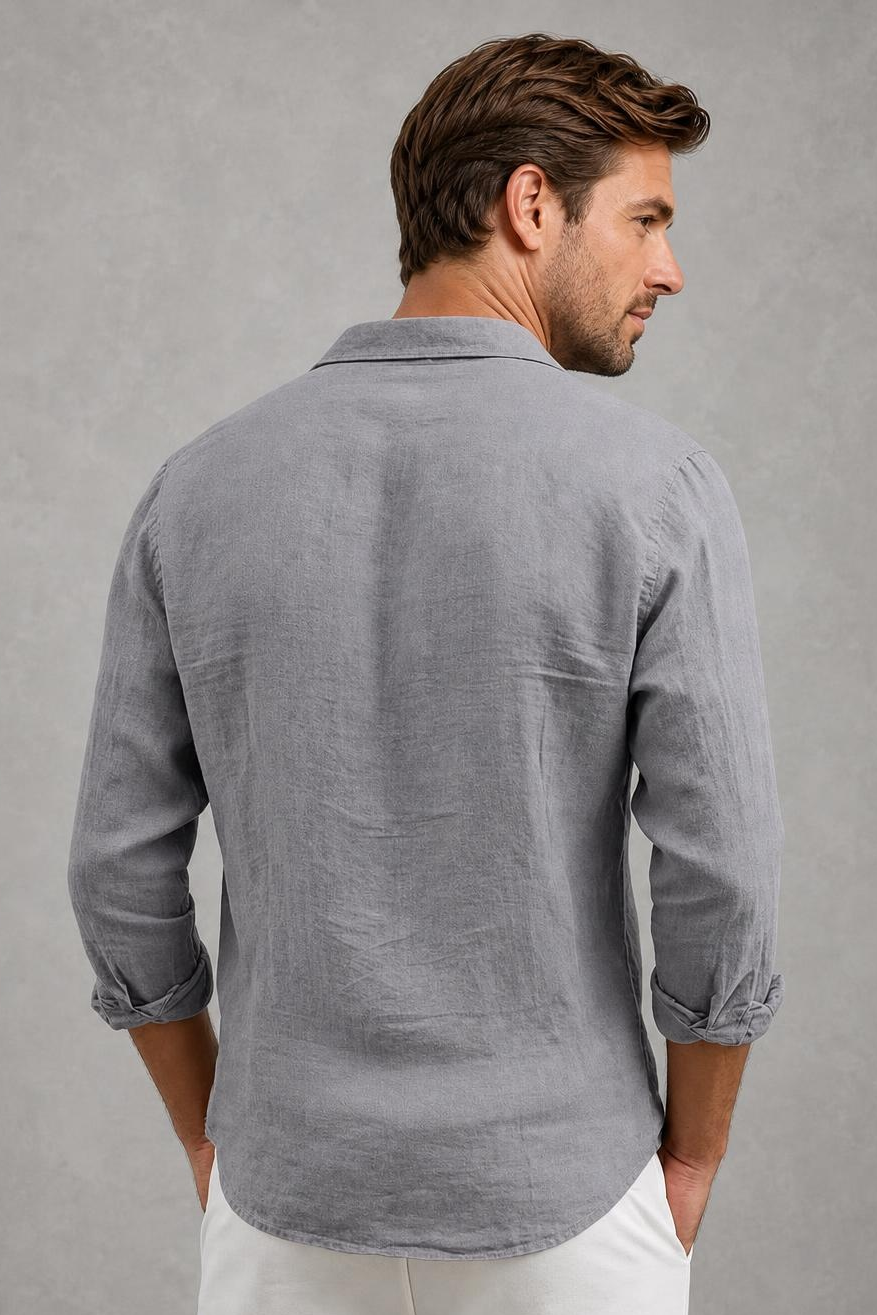 Hugo | Curved-Hem Linen-Blend Shirt — studio_back — Charles [1bbc3bc1-690a-48da-82ee-4934a2133e9f]