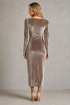 Women’s Velvet Ruched Midi Dress with Gold-Tone Waist Detail – Long Sleeve Style — studio_back — Sofia [a3a7bcf8-7a87-4e8c-84a4-5476df14ad74]