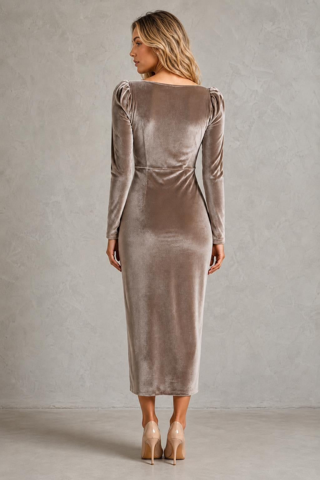 Women’s Velvet Ruched Midi Dress with Gold-Tone Waist Detail – Long Sleeve Style — studio_back — Sofia [a3a7bcf8-7a87-4e8c-84a4-5476df14ad74]
