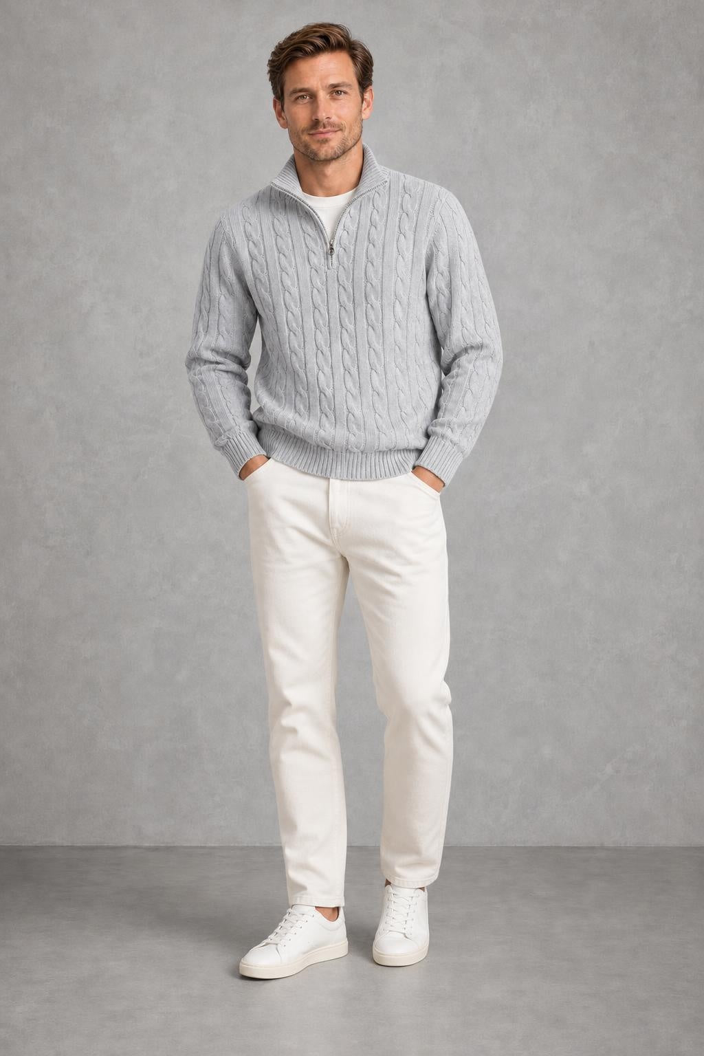 David | Cable-Knit Quarter-Zip Jumper — lifestyle — Charles [741741d5-9a95-44e3-a601-bf0b0dd3a8cf]