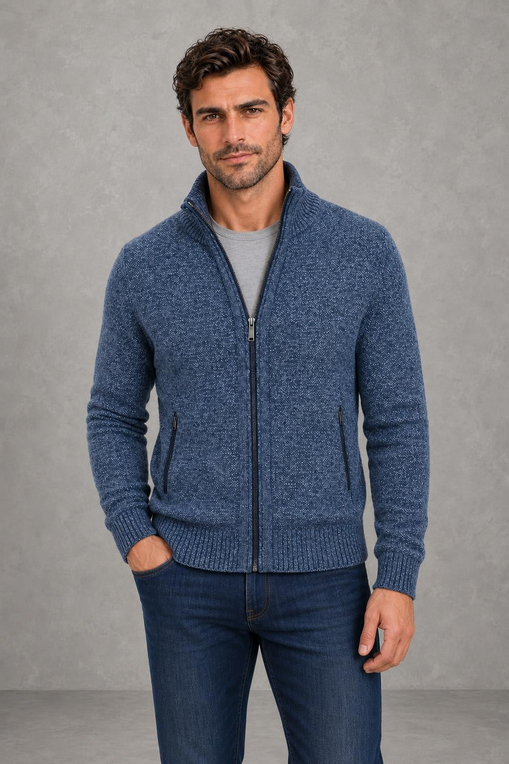 George | Textured Full-Zip Cardigan — studio_front — James [6239c311-2c87-4f48-8a55-5b3e6c9ccea5]