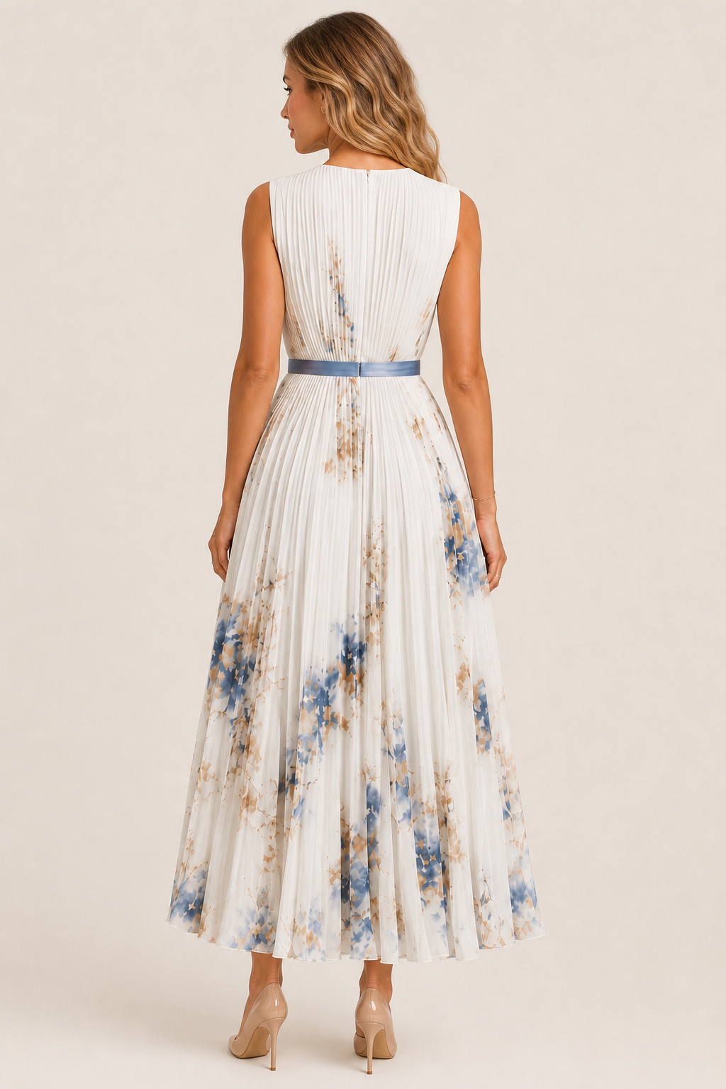 Simone | Floral Pleated Maxi Dress with Waist Sash