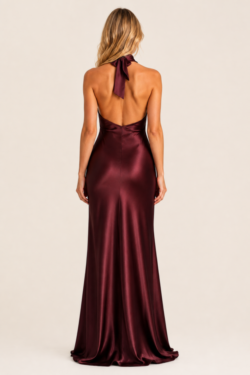Amanda | Open-Back Halter Satin Maxi Dress