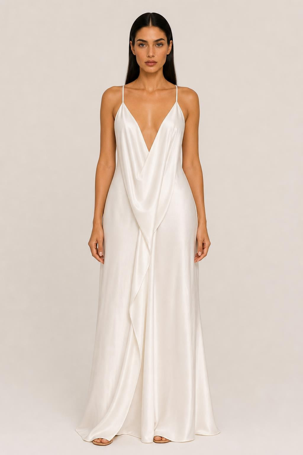 Constança | Draped-Back Satin Maxi Dress with Side Split
