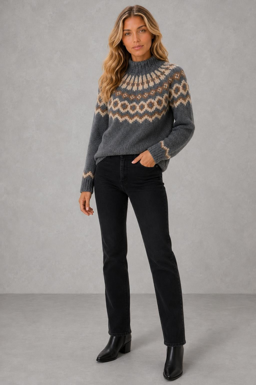 Olive | Fair Isle High-Neck Jumper — lifestyle — Sofia [cfb25580-77e2-4f02-ab74-73565b03f415]