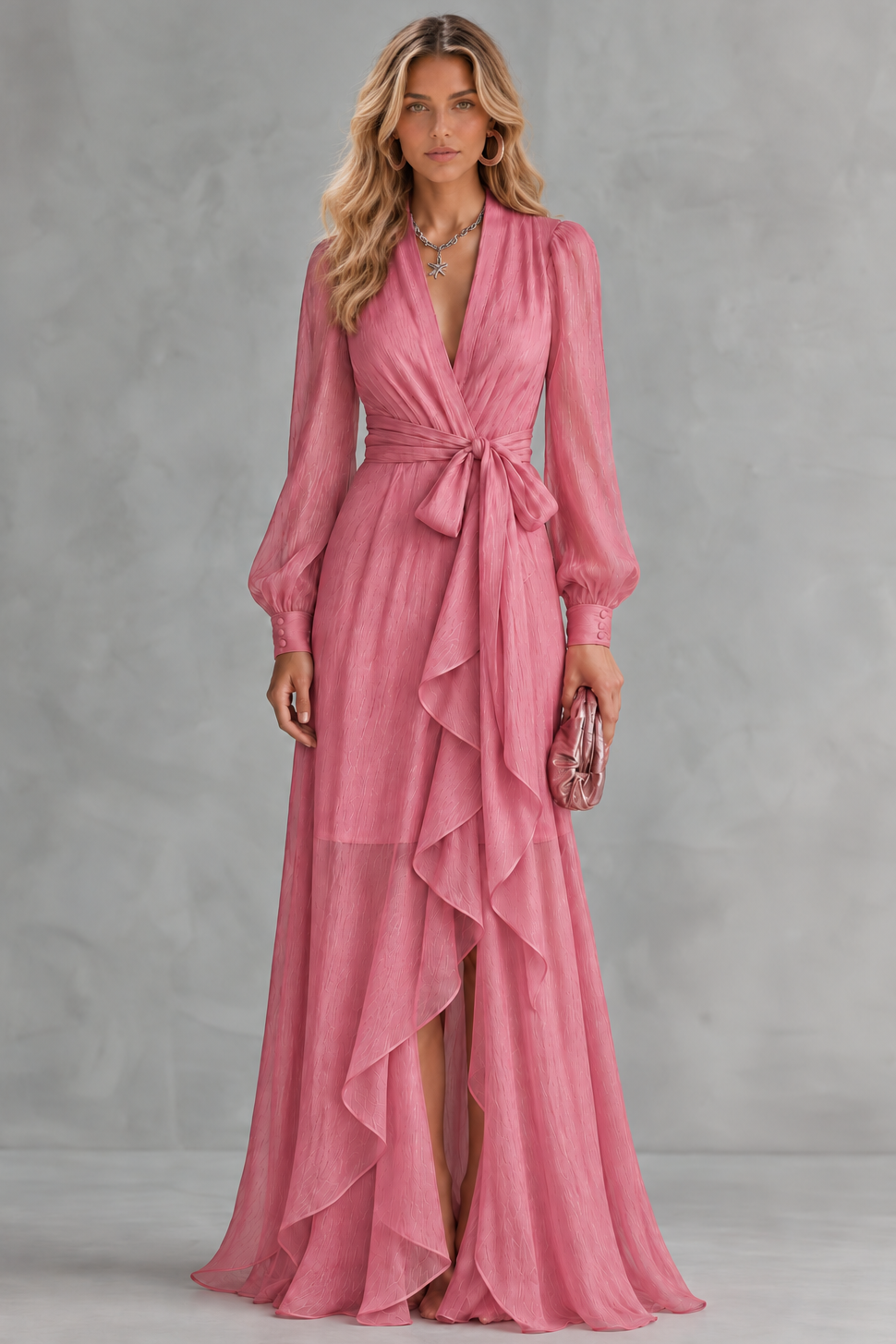 Georgia | Cascade-Ruffle Tie-Waist Maxi Dress