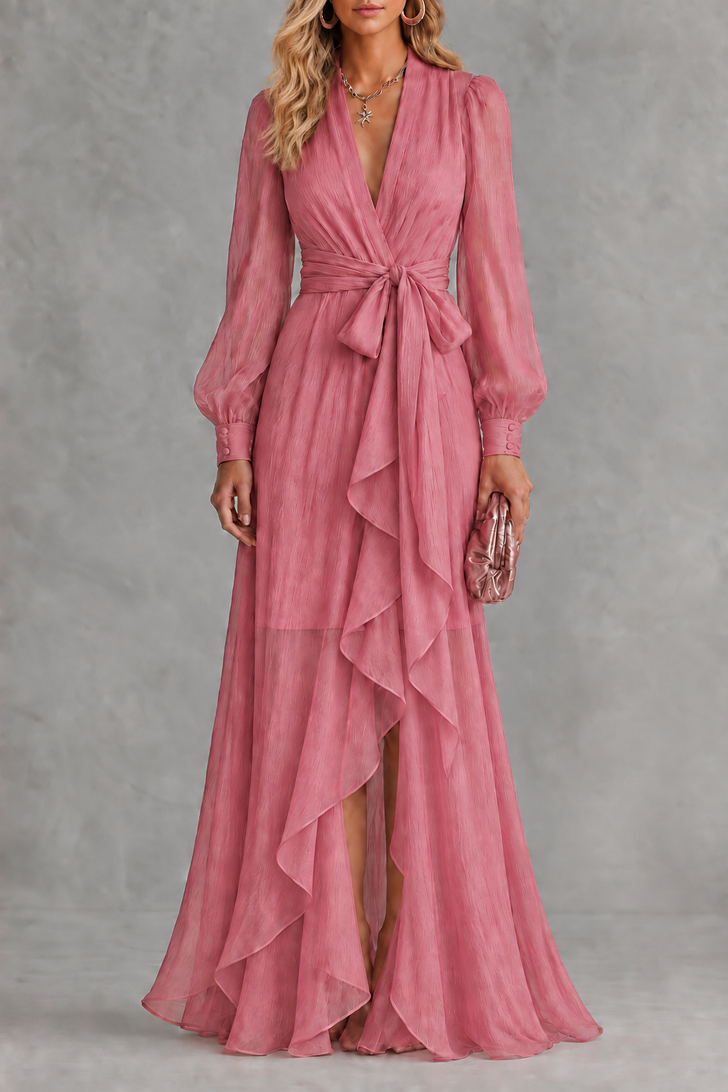 Georgia | Cascade-Ruffle Tie-Waist Maxi Dress