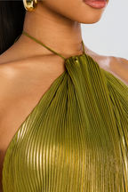 Sienna | Metallic Pleated Halter Maxi Dress with Side Split