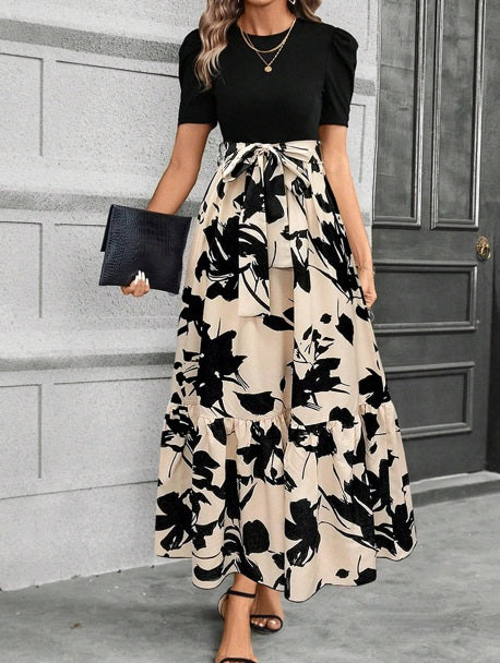 Camilla Puff Sleeve Contrast Maxi Dress