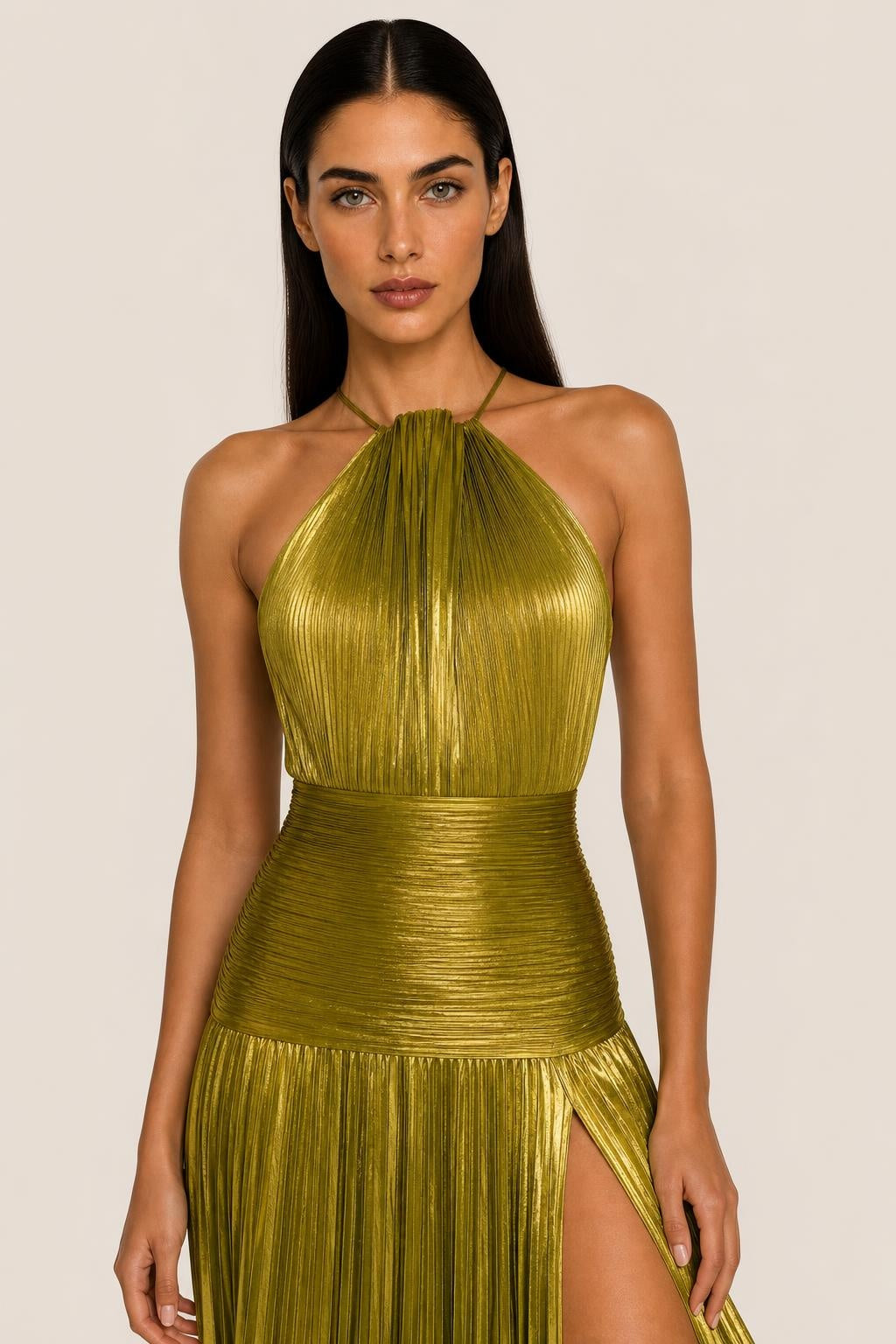 Sienna | Metallic Pleated Halter Maxi Dress with Side Split