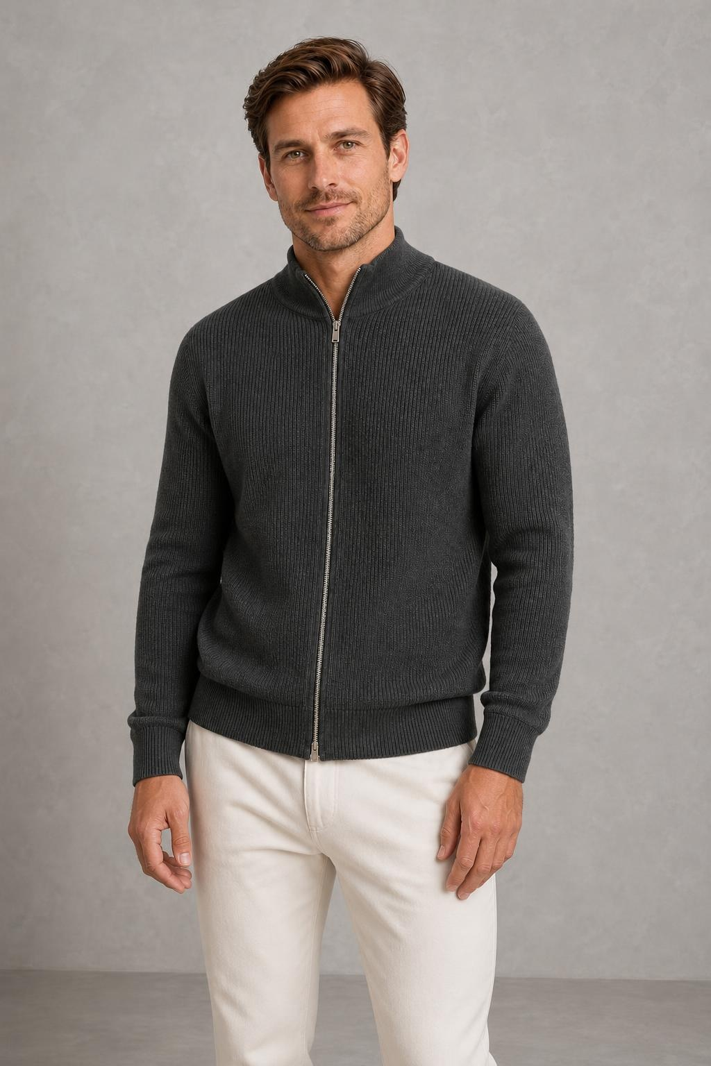 Toby | Stand-Collar Ribbed Zip Cardigan — studio_front — Charles [7a12d6c0-2682-469b-b30a-e272ff8ba5fd]