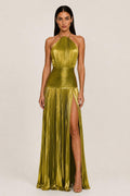 Sienna | Metallic Pleated Halter Maxi Dress with Side Split