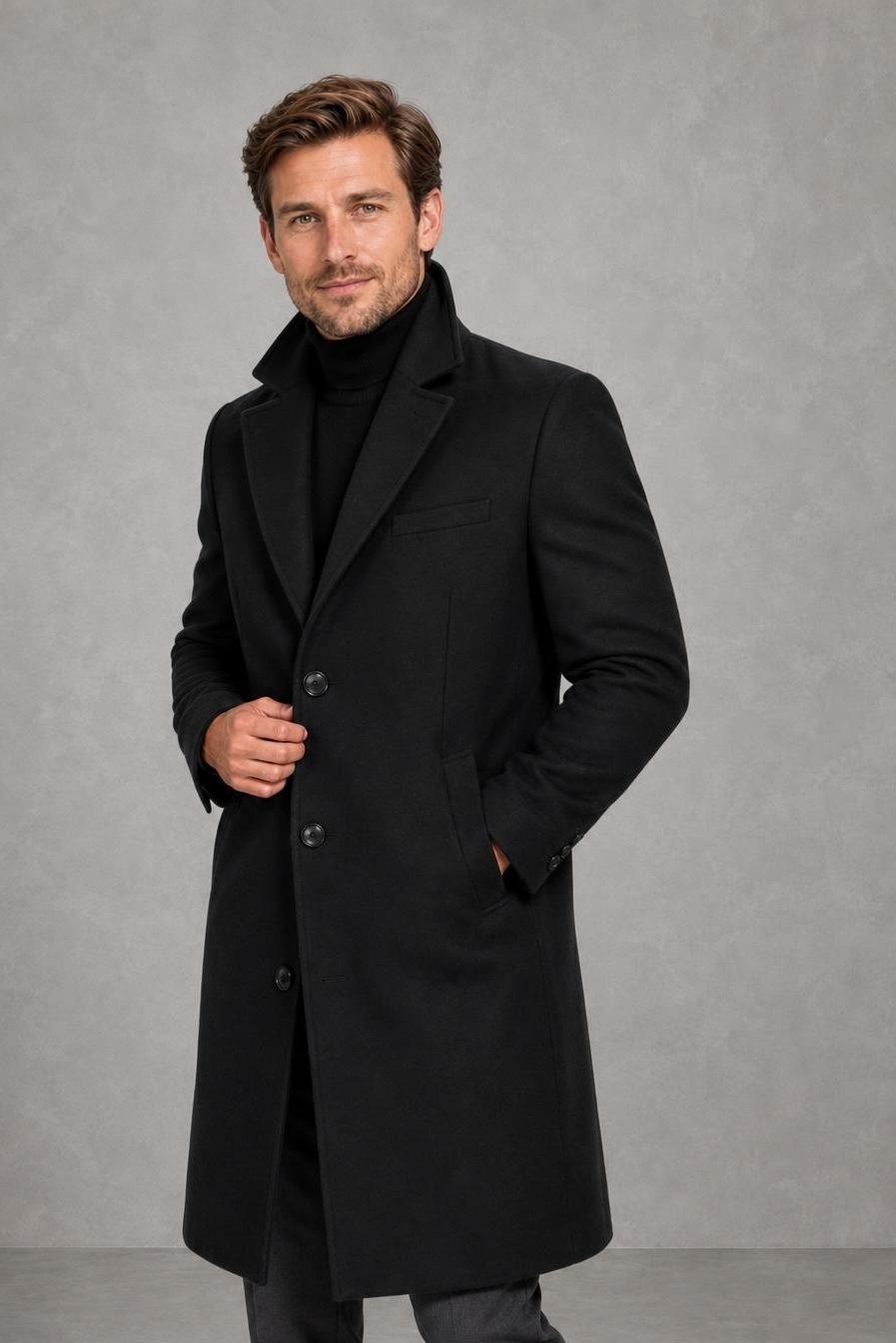 Monvaline | Men's Wool Blend Overcoat Single-Breasted Tailored — studio_three_quarter — Charles [03eb3a9f-6532-41f9-adbc-b6e0a6066d2e]