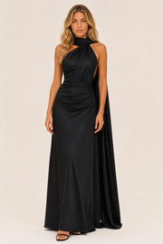 Additional view of Isabelle | One-Shoulder Satin Maxi Dress with Cape Detail