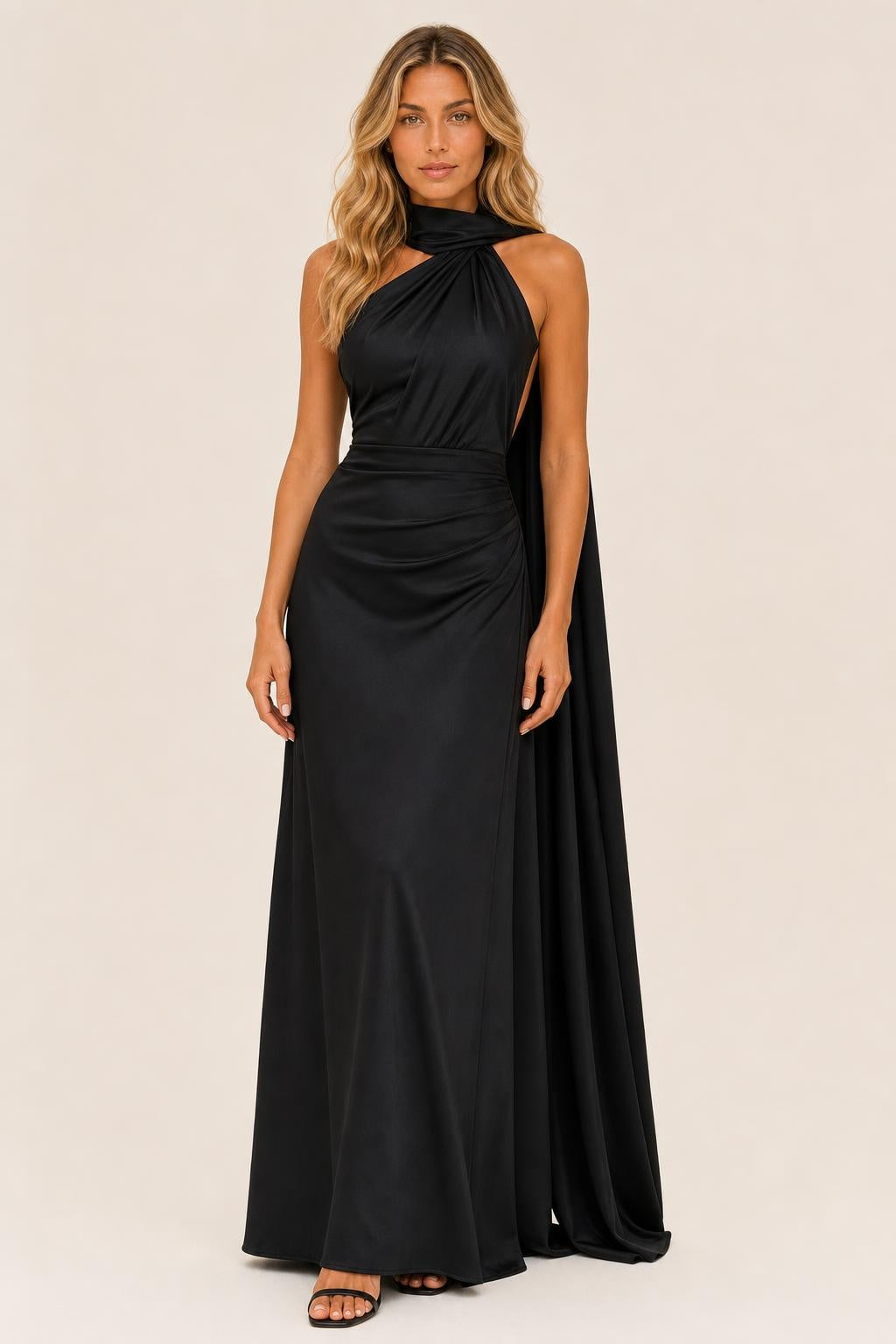 Additional view of Isabelle | One-Shoulder Satin Maxi Dress with Cape Detail
