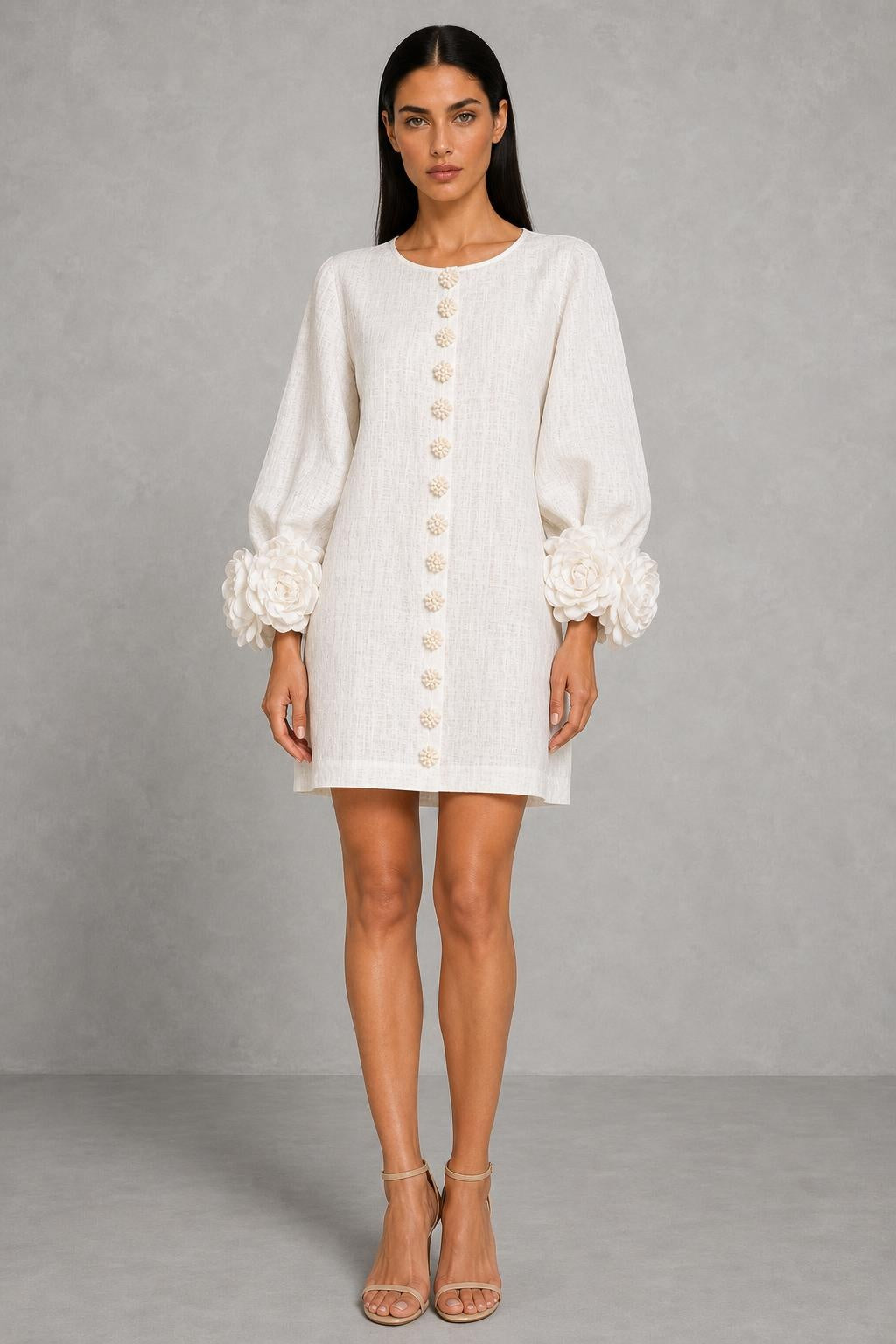 Henrietta | Rosette-Cuff Button-Front Mini Dress