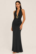 Solange | Gold-Buckle Plunging Halter Maxi Dress