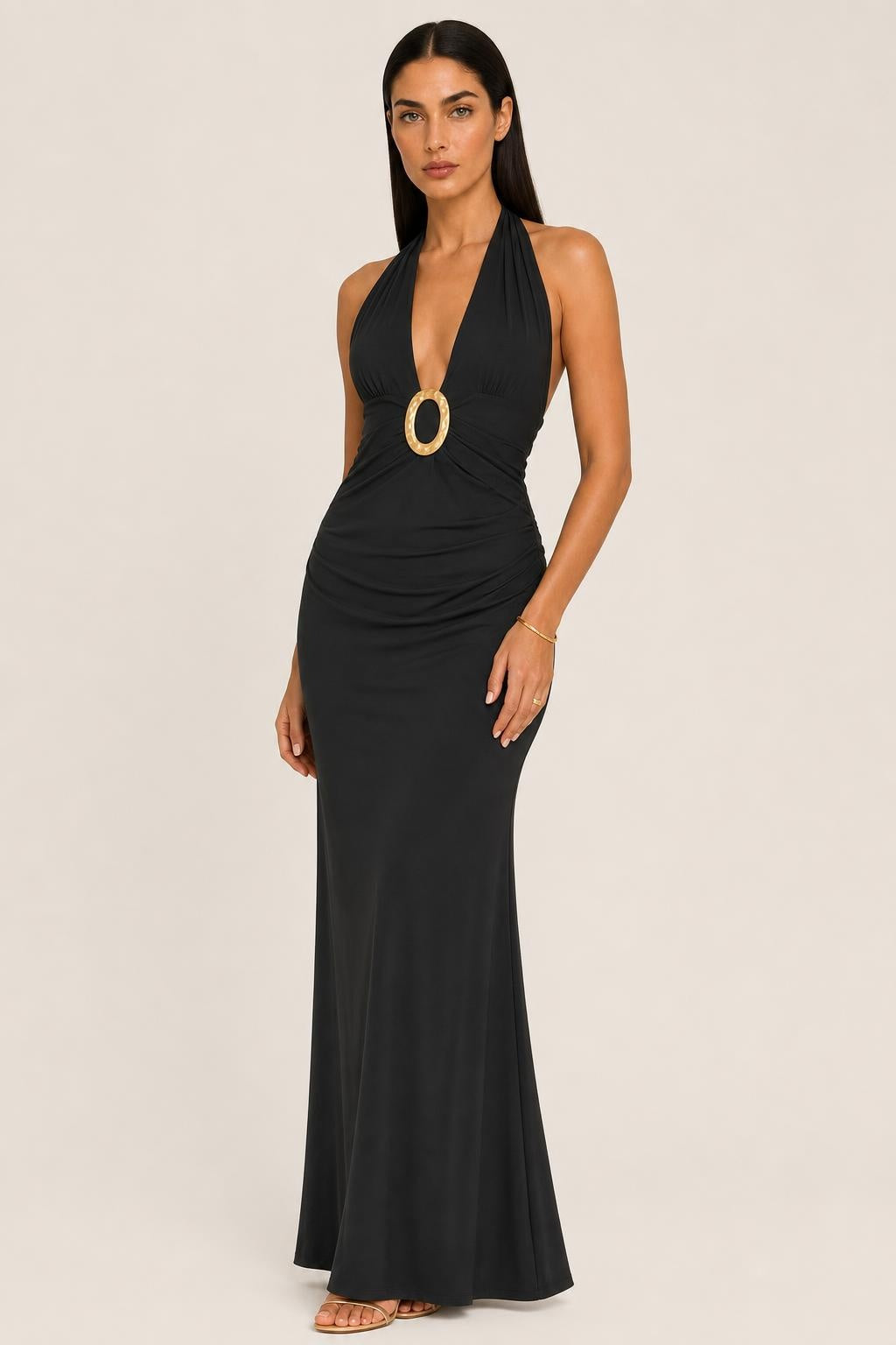 Solange | Gold-Buckle Plunging Halter Maxi Dress