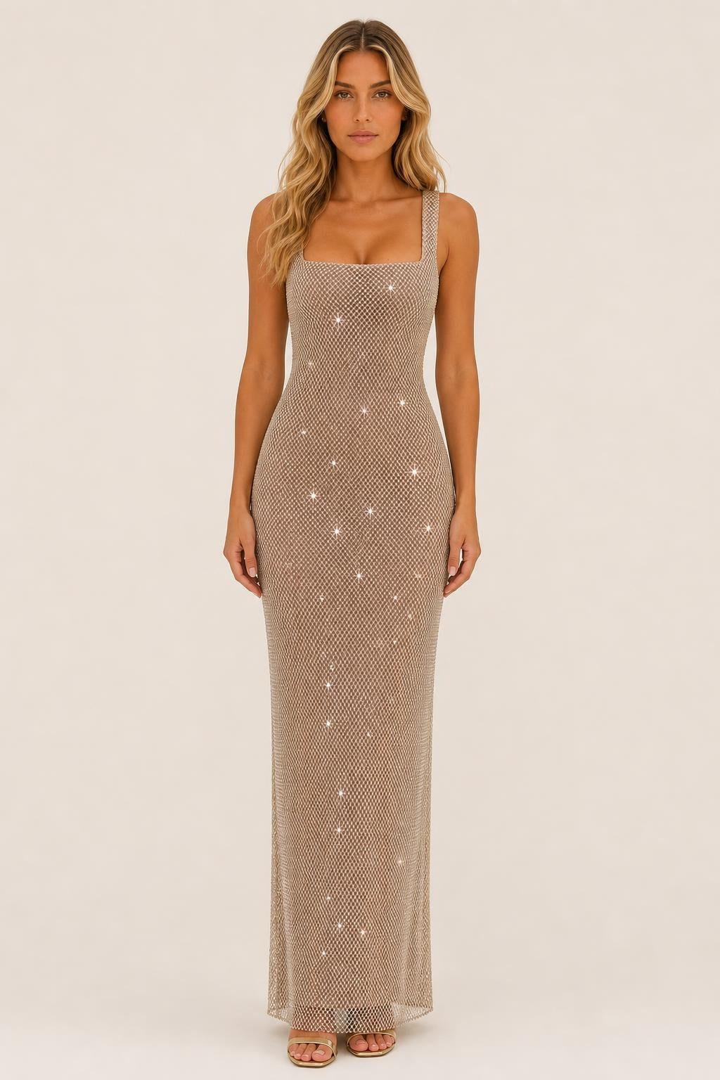 Additional view of Celeste | Metallic Square-Neck Backless Maxi Dress