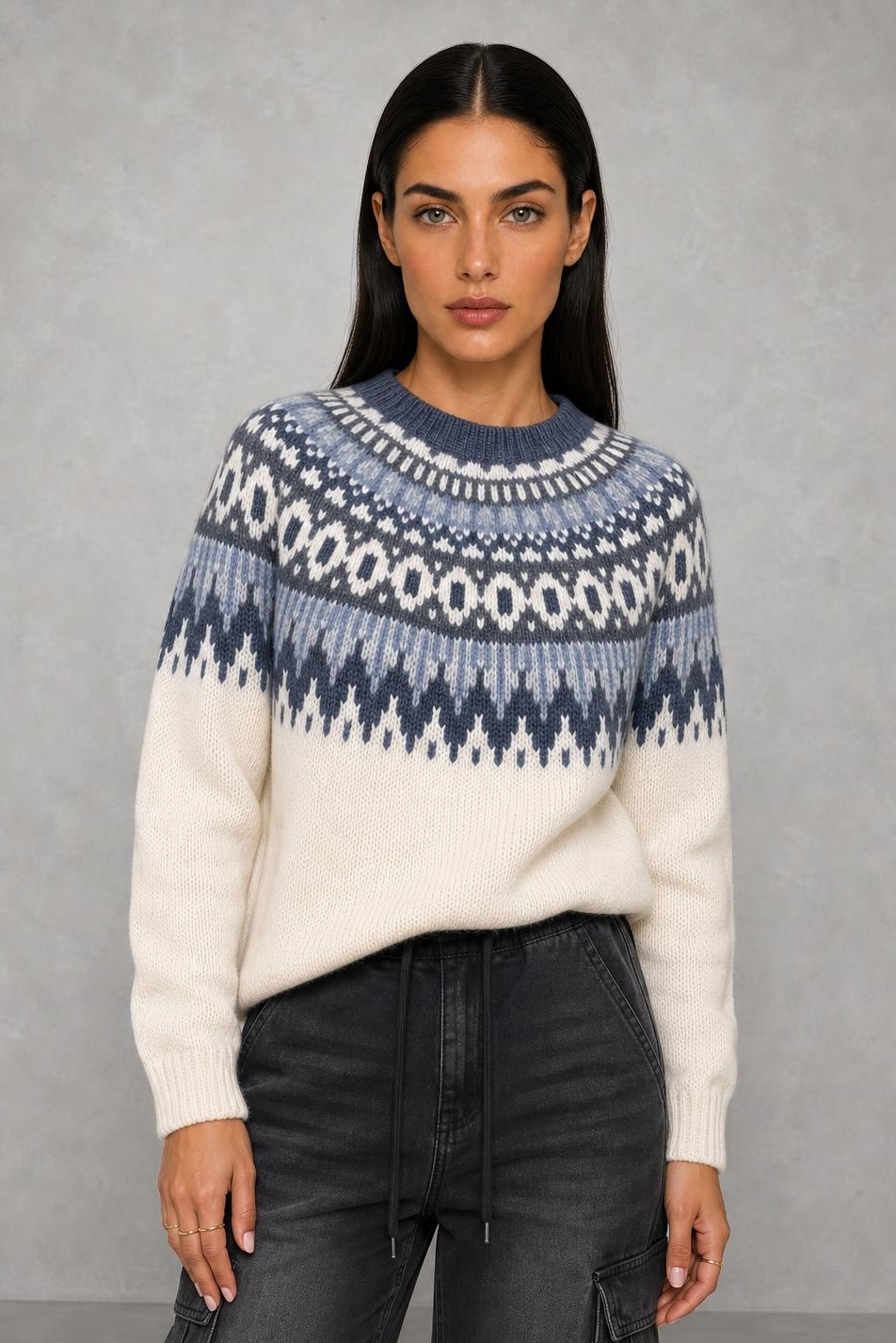 Eden | Patterned-Yoke Crew-Neck Jumper — studio_front — Helena [51ab9ca8-df9c-4790-ae03-13b4f9083c68]