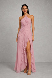 Lucy Pleated Halter Ruffle Maxi Dress — studio_front — Helena [451e8653-e147-4463-813e-14fd62dd1029]