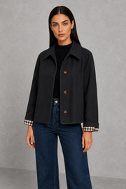 Zoe | Check-Cuff Cropped Trench Jacket — studio_front — Helena [e0b7f176-9038-4c1f-96f6-0174edd3657a]