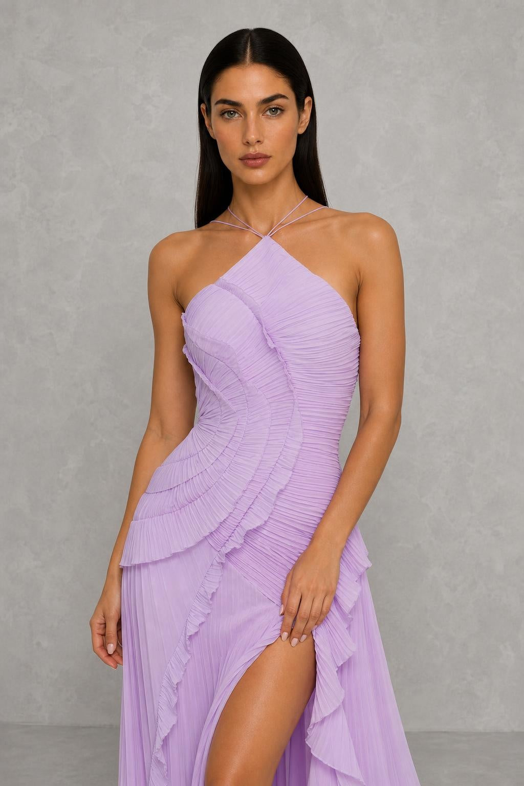 Lucy Pleated Halter Ruffle Maxi Dress — studio_closeup — Helena [4cb689ed-bf2c-4e2f-9c39-fd2e38aefbe4]