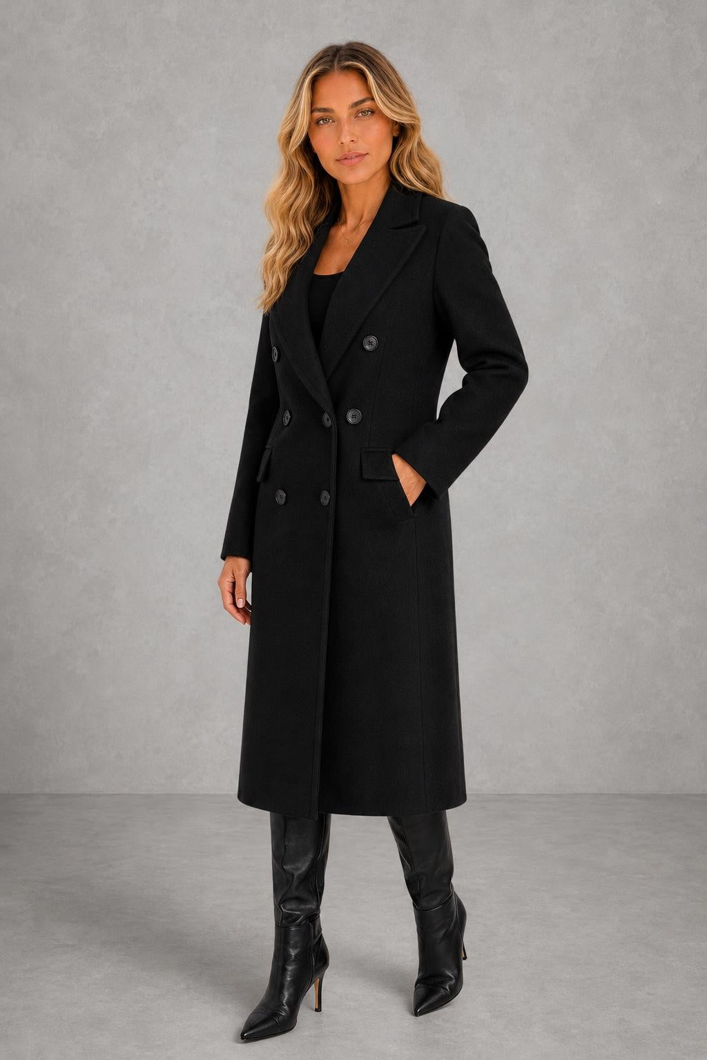 Ellie | Longline Double-Breasted Coat — studio_three_quarter — Sofia [3dccd989-8294-4074-b9e5-9c4e602dcced]