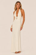 Tabitha | Gold-Buckle Plunging Halter Maxi Dress