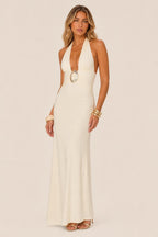 Tabitha | Gold-Buckle Plunging Halter Maxi Dress