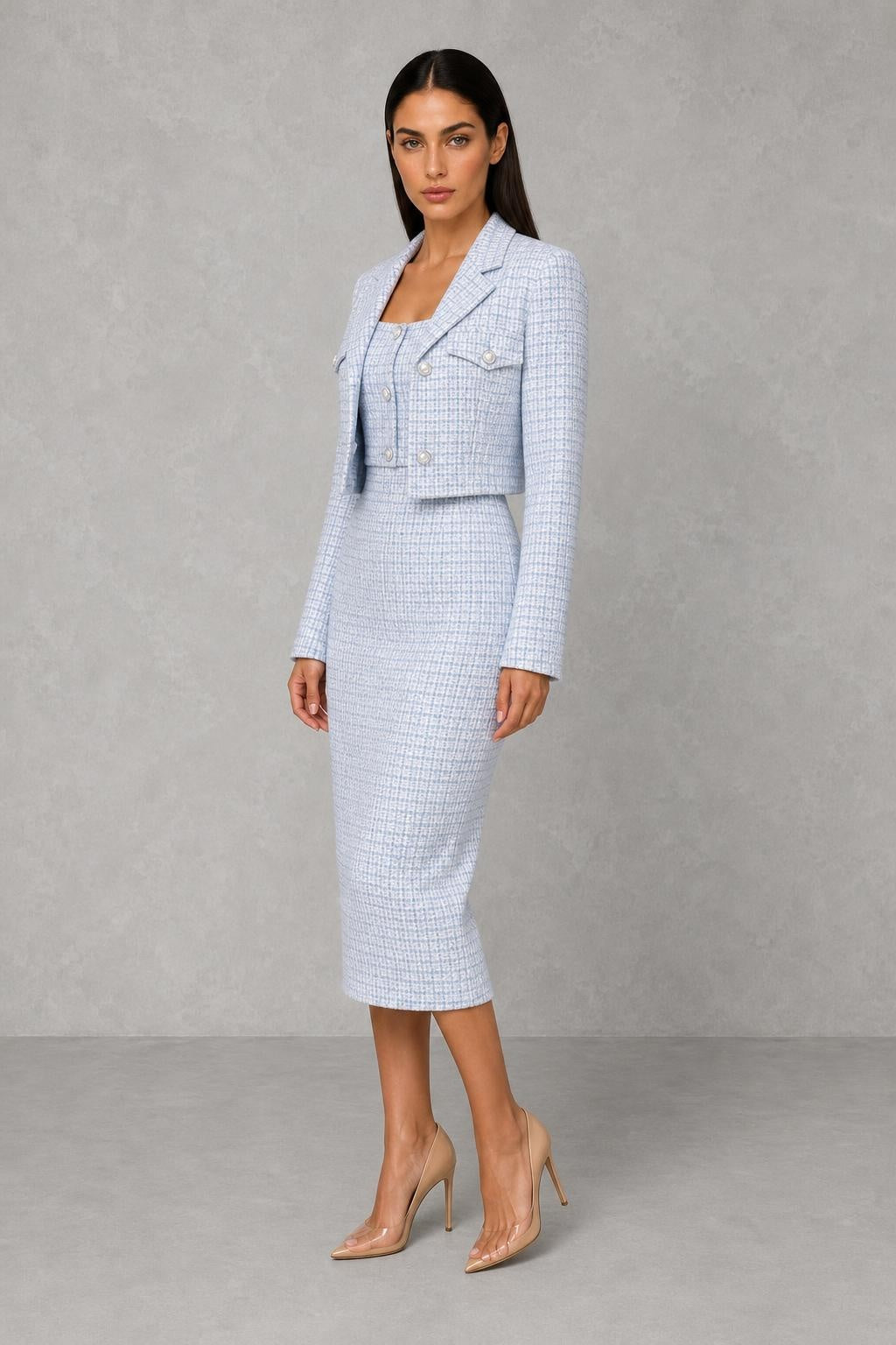 Lottie | Textured Midi Dress and Cropped Blazer — studio_three_quarter — Helena [c792eab5-b91b-4ec8-9f27-8f85551beac5]
