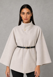 Nancy | High-Neck Belted Cape Jacket — studio_front — Helena [55ec77cd-ebd8-45ce-a123-a6e48d5ab1e3]