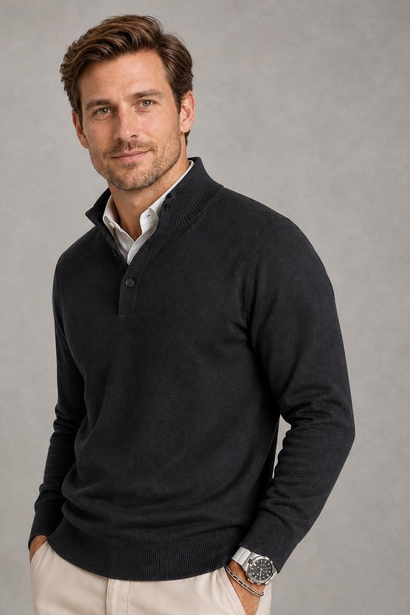 Max | Button-Neck Plain Knit Jumper — studio_three_quarter — Charles [ffa07779-d1b8-4f8f-9b0f-a39eafa41d30]