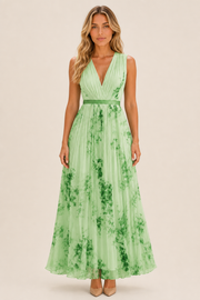 Simone | Floral Pleated Maxi Dress with Waist Sash
