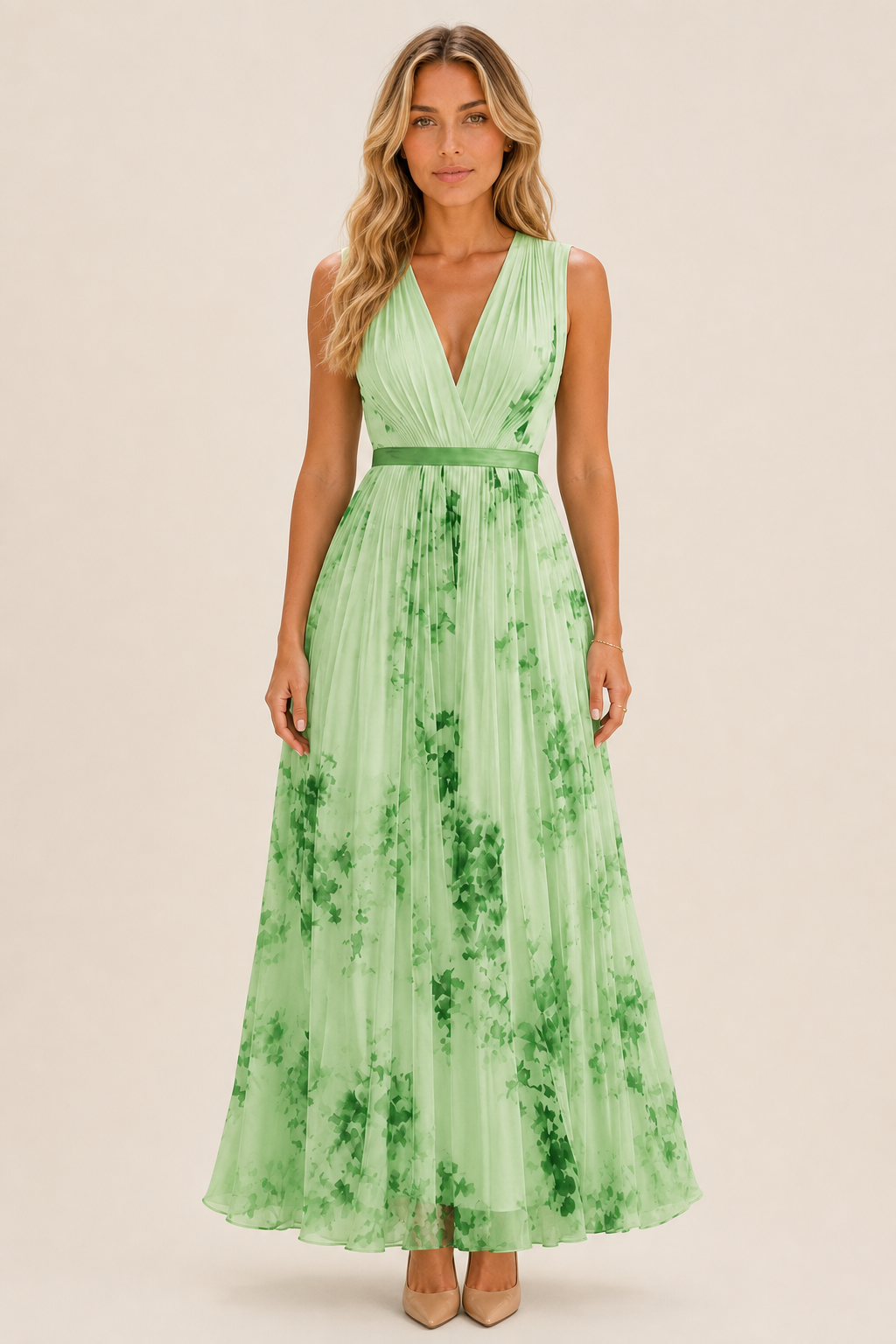Simone | Floral Pleated Maxi Dress with Waist Sash