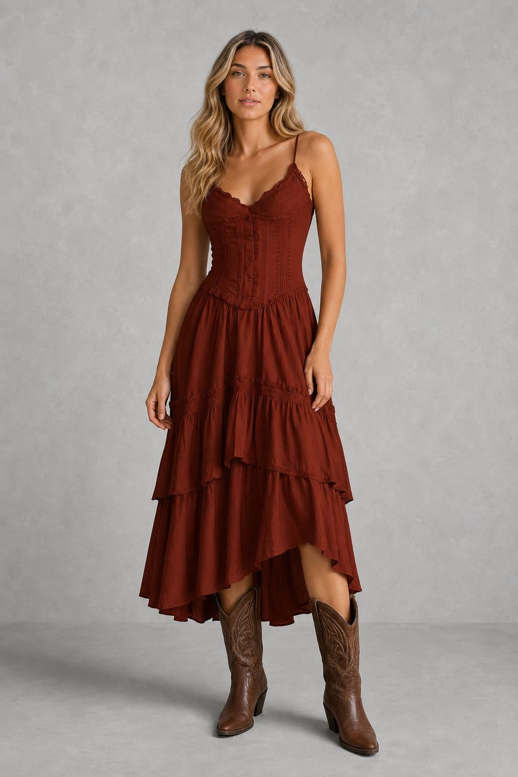 Additional view of Rosalie | Lace-Trim Corset Midi Dress