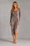 Women’s Velvet Ruched Midi Dress with Gold-Tone Waist Detail – Long Sleeve Style — studio_front — Sofia [99d310fa-06d5-4669-9507-7853cec56671]