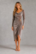 Women’s Velvet Ruched Midi Dress with Gold-Tone Waist Detail – Long Sleeve Style — studio_front — Sofia [99d310fa-06d5-4669-9507-7853cec56671]